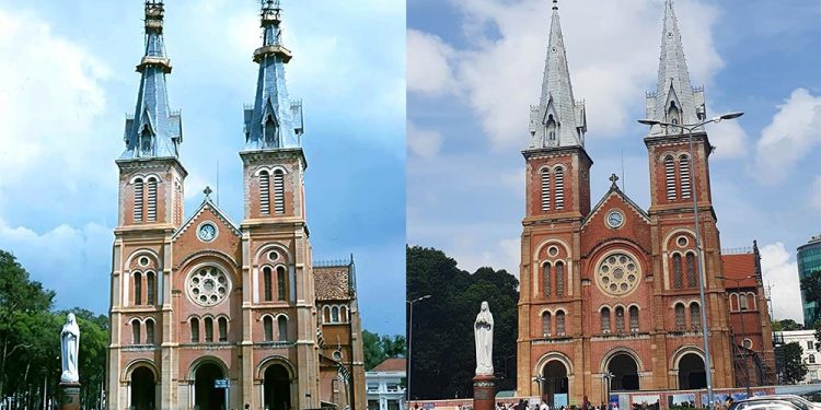 Hình ảnh Sài Gòn xưa và nay chụp cùng 1 vị trí: Nhà Thờ Đức Bà Sài Gòn (Vương Cung Thánh Đường)